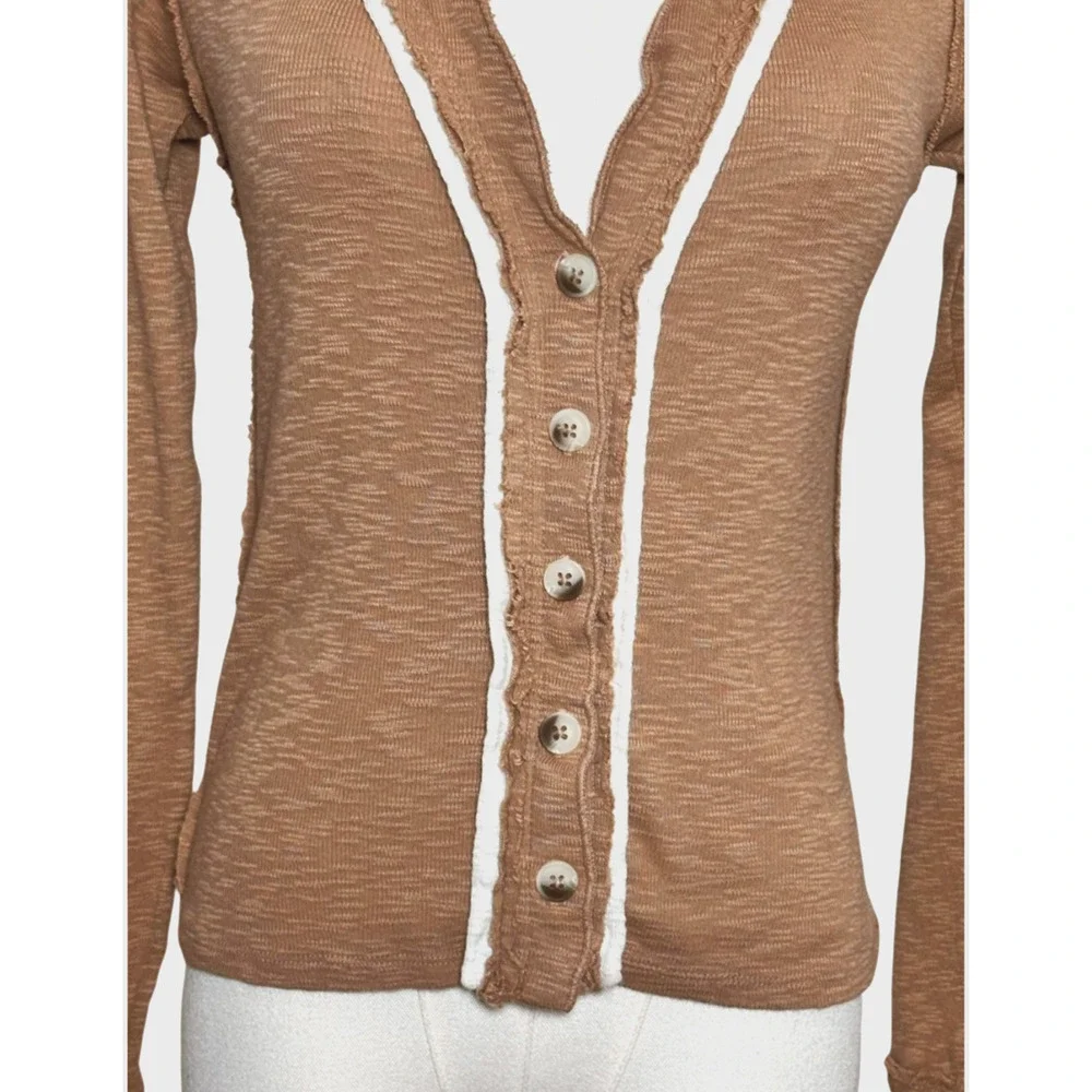 Free People Tan Brown Button-Up Ruffle Trim Cardigan - Picture 2 of 8